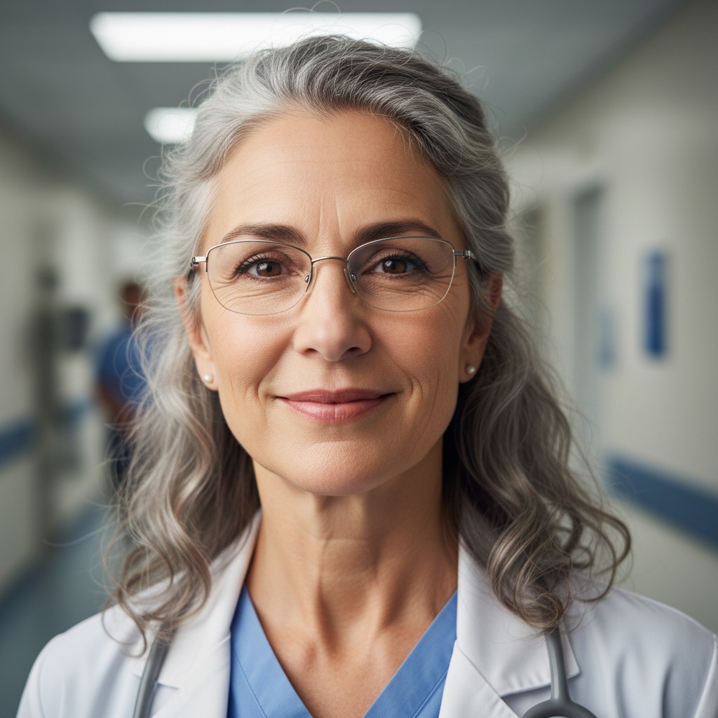 imagem de rosto uma médica de 55 anos com cabelos grisalhos